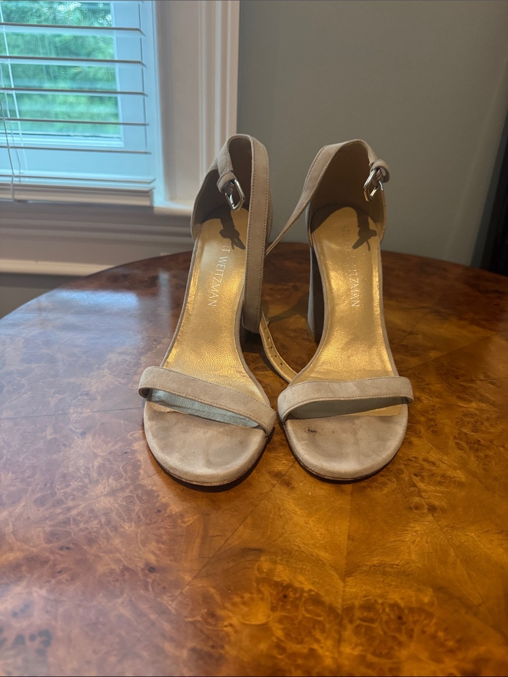 Stuart Weitzman Taupe Suede Open-Toe Ankle Strap Heels